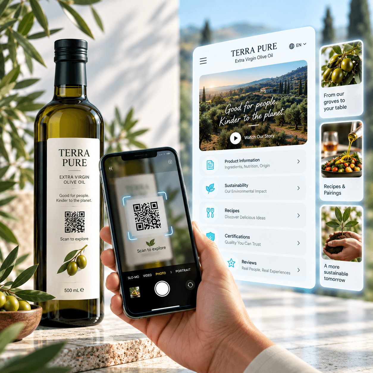 A hand holding a phone, scanning a QR code on a product package