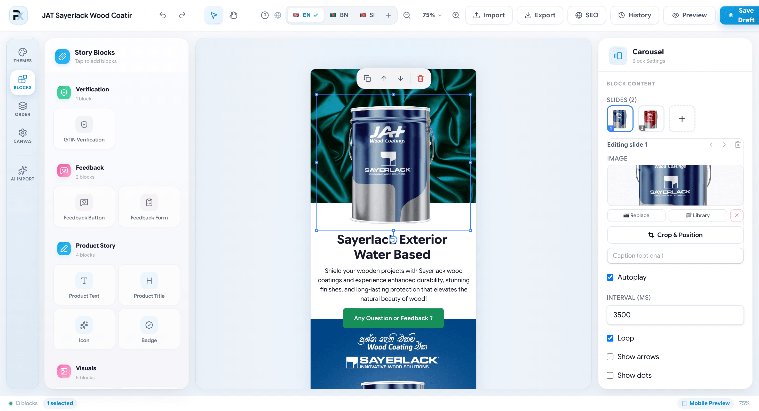 The Productix visual builder canvas, showing drag-and-drop blocks used to build a branded product experience page